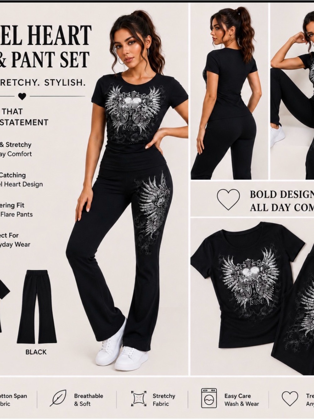 Black Graphic Angel Heart Pant & Tee Set